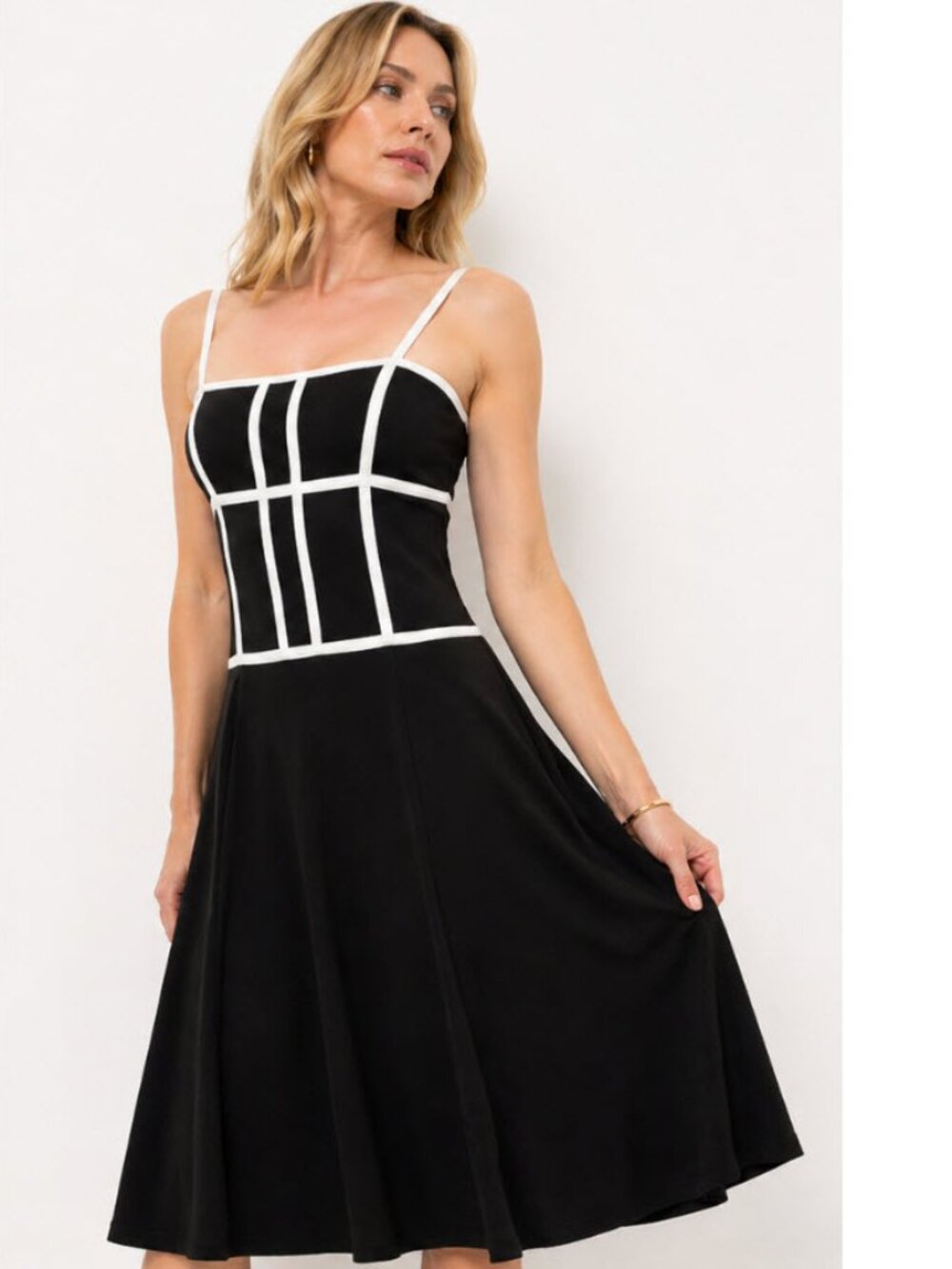 Joseph Ribkoff Black Contrast Piping Fit Flare Dress Size 8 Chic